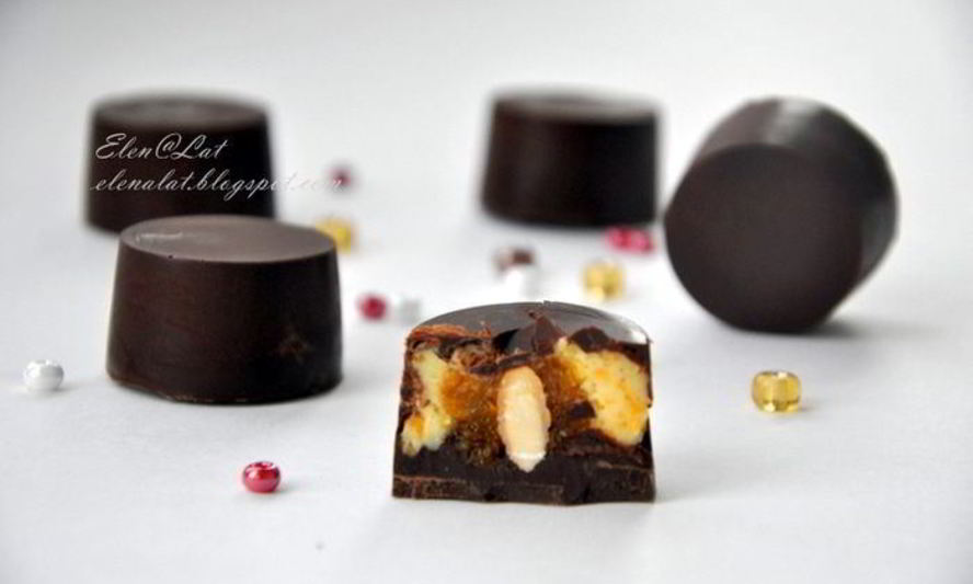 Рецепт шоколадных конфет с тыквенным кремом, мандариновым мармеладом и миндалем