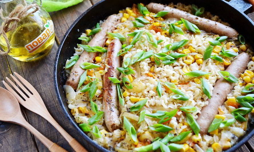 Рецепт риса с куриными колбасками