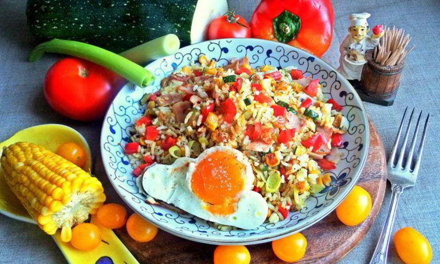 Рецепт риса с овощами и ветчиной