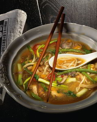 Лапша удон с курицей, вешенками и зеленым луком