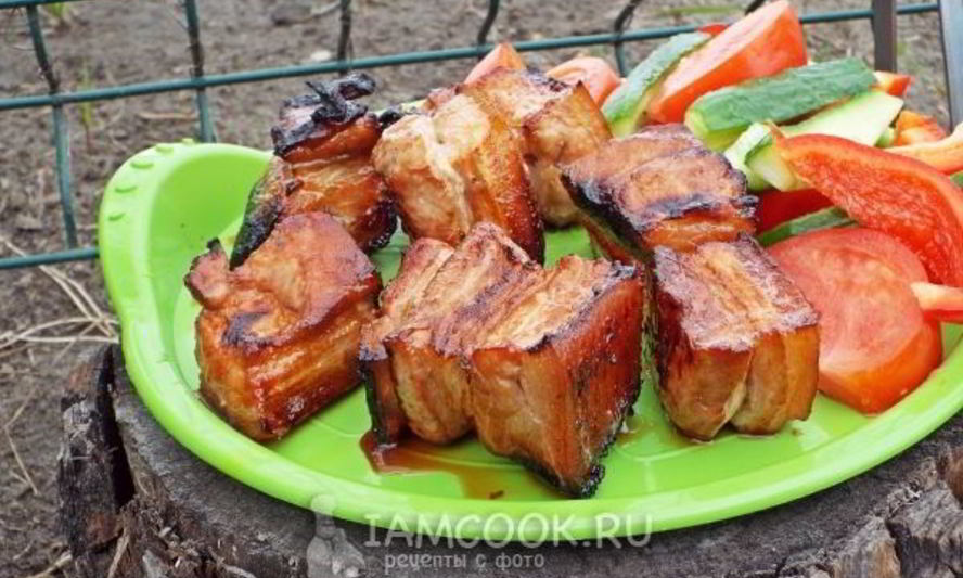 Рецепт шашлыка из свиной грудинки в томатно-соевом маринаде с медом