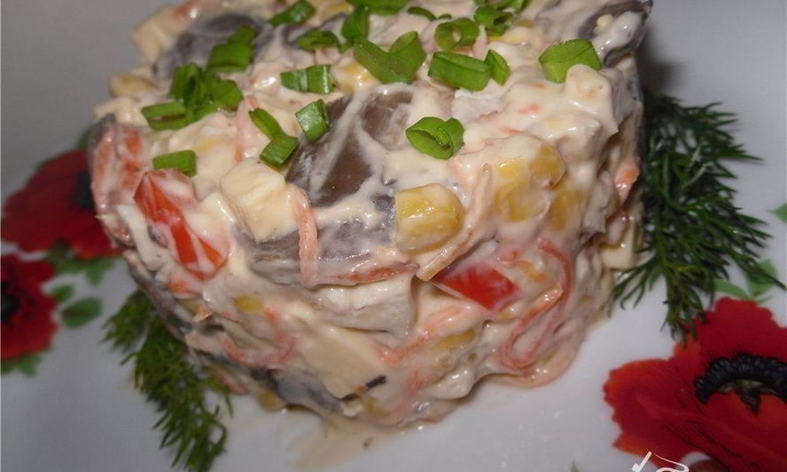 Рецепт салата мозаика из курицы, грибов и овощей
