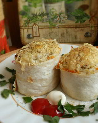 Лаваш с рыбой и рисом в духовке