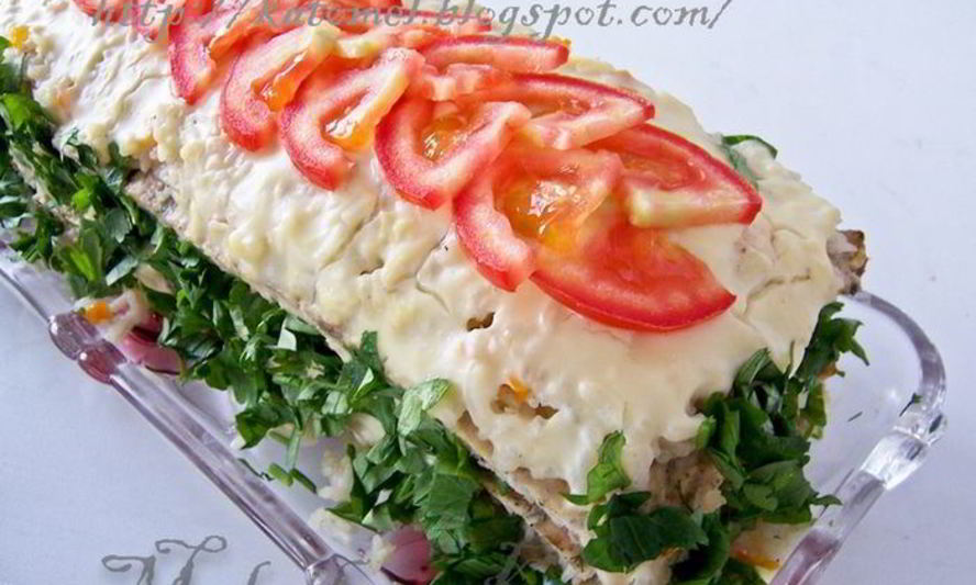Рецепт закусочного мясного торта с кремом авголемоно
