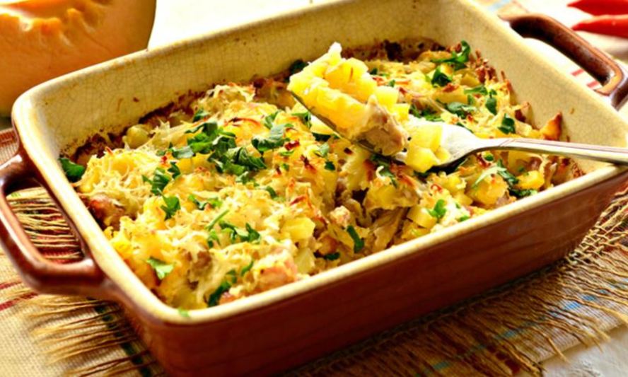 Рецепт запеканки из тыквы, картофеля и свинины