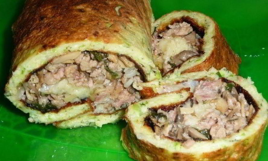 Рецепт рулета из кабачков с грибами и фаршем